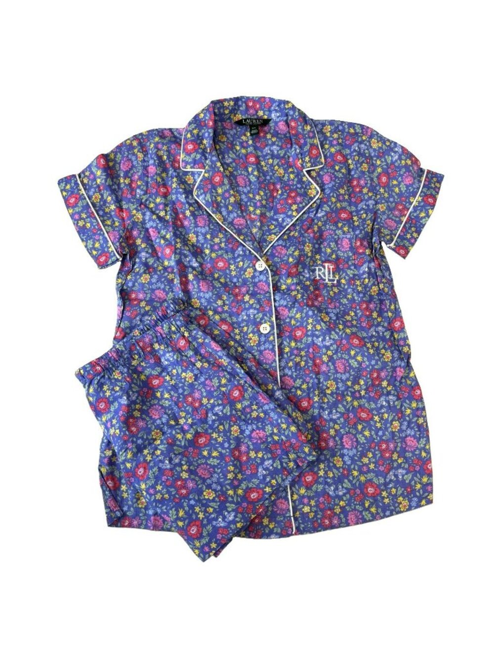 Lauren Ralph Lauren LRL 2PC Pajama Short Set Blue Floral Monogram Womens Small